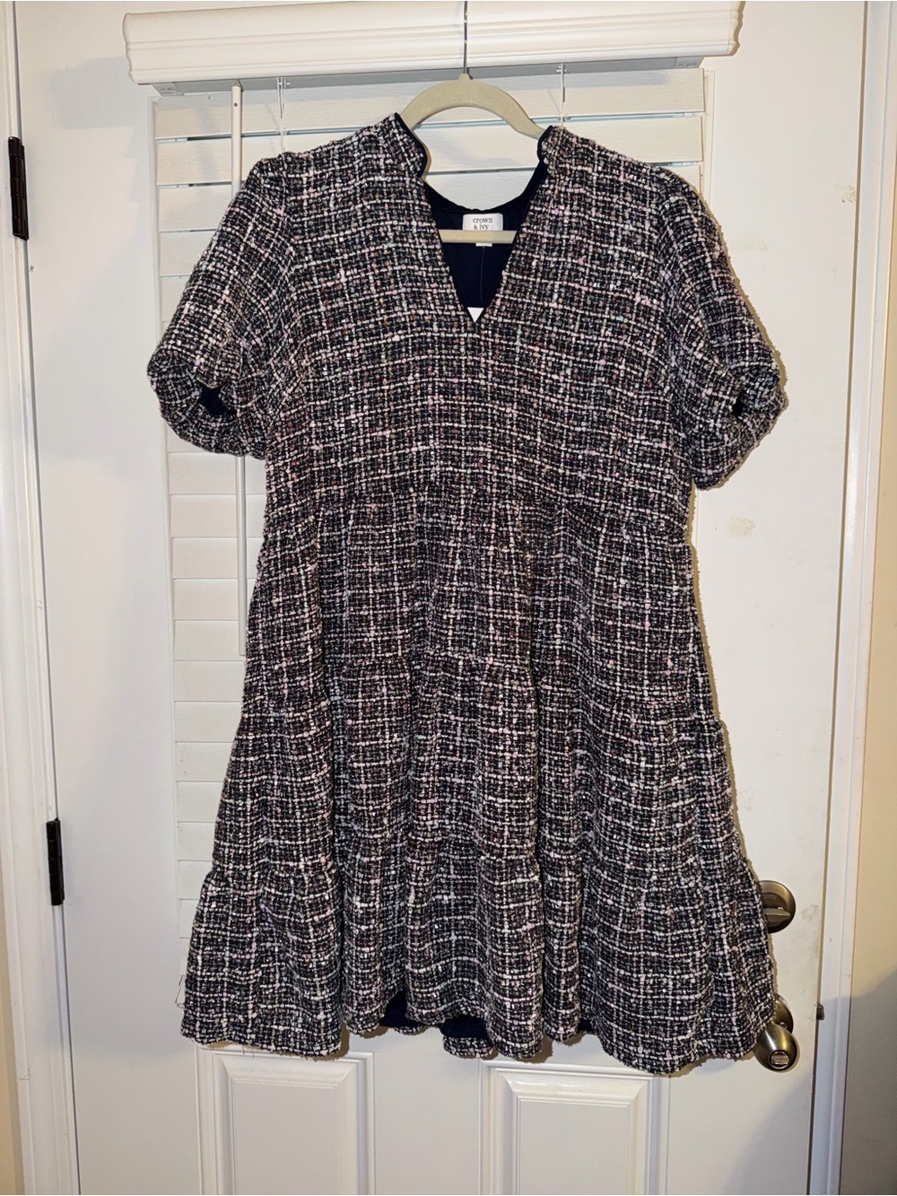 crown & ivy Black and White Tweed Tiered Short-Sleeve Dress